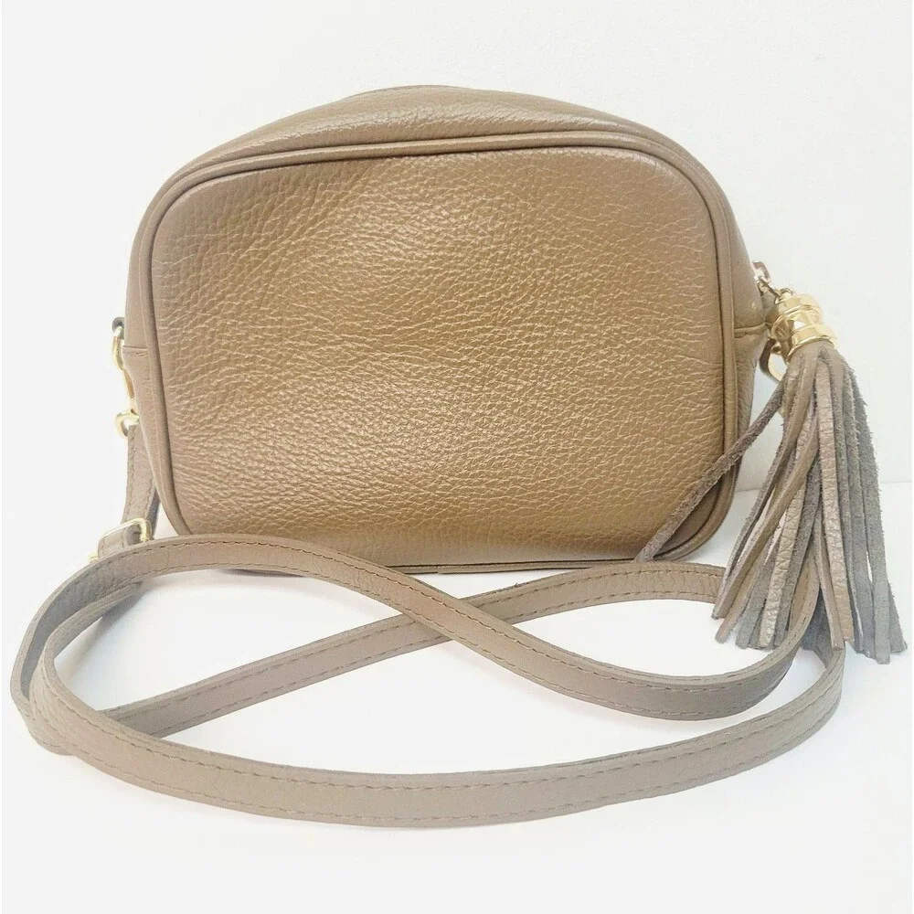 Genuine Leather Made in Italy Taupe Pebbled Crossbody Camera Bag Tassel Gold